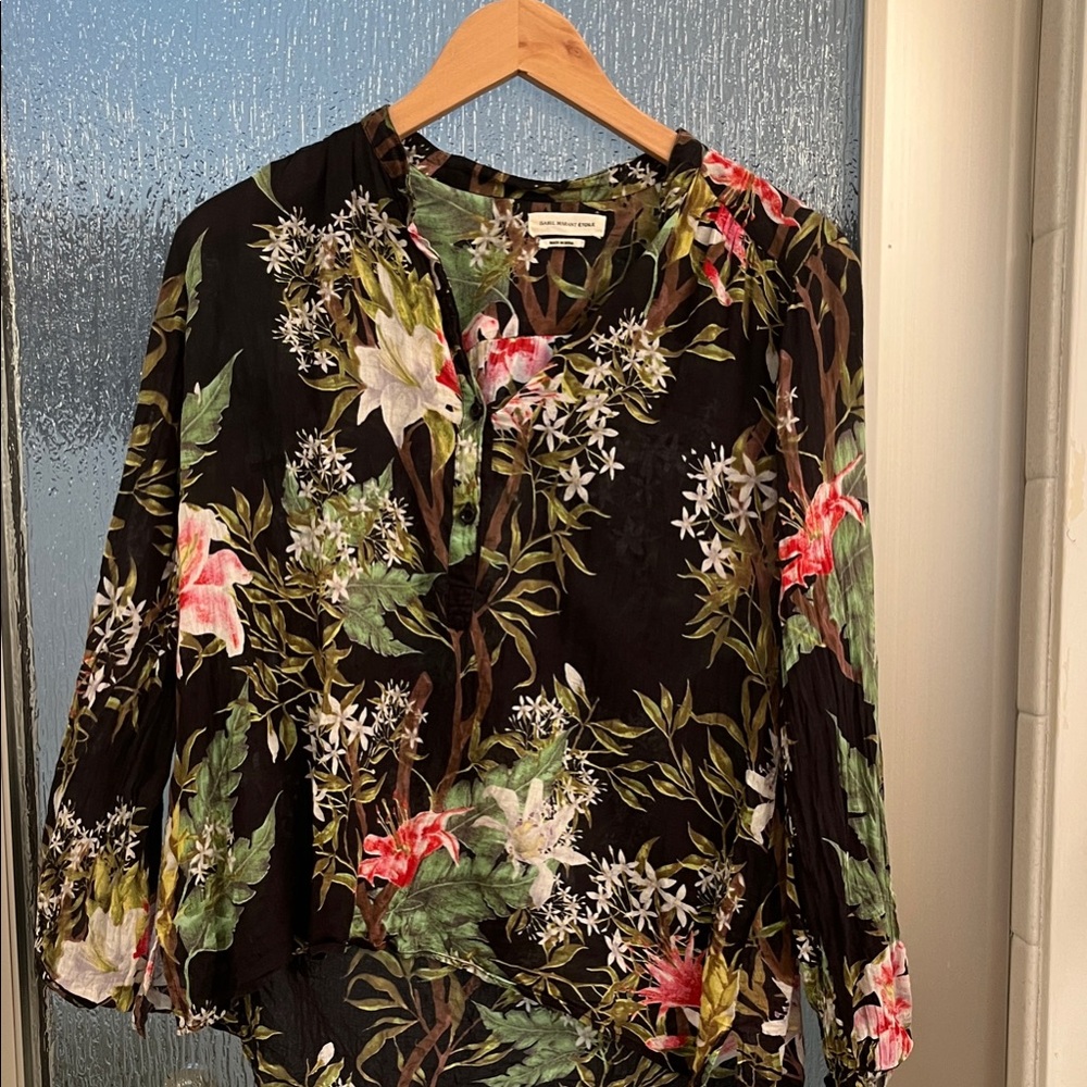 Isabel Marant Etoile Black Floral Blouse with Green and Pink Accents
